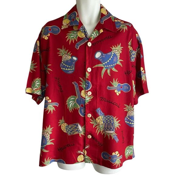 Vintage Esprit De Corp Shirt Men's Large Red Hawaiian Pineapples Drums Ukuleles - Picture 1 of 8
